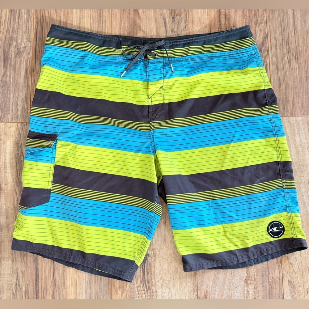 O'Neill Men's Blue and Green Striped Board Shorts Size 38